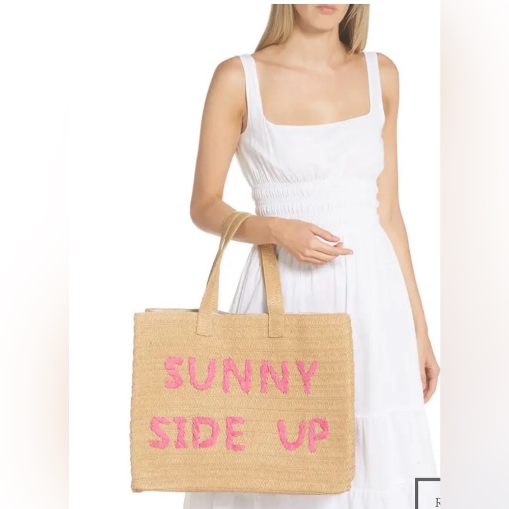 NWT BTB LOS ANGELES Sunny Side Up Straw Tote In Sand/ Fuchsia - Picture 2 of 6
